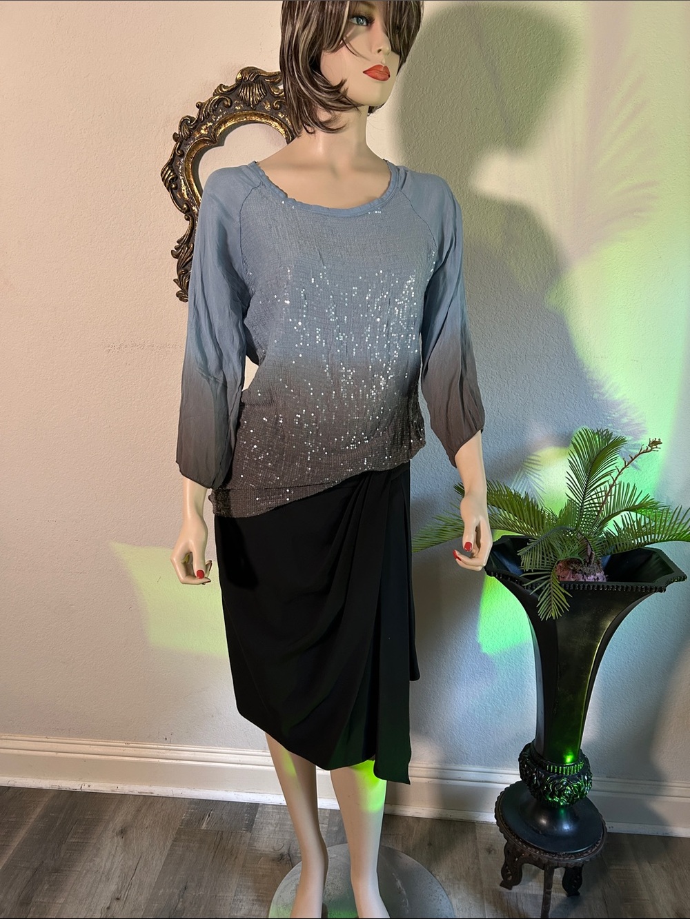 Sequin Ombre Midi Skirt Ensemble in Dusty Blue and Black